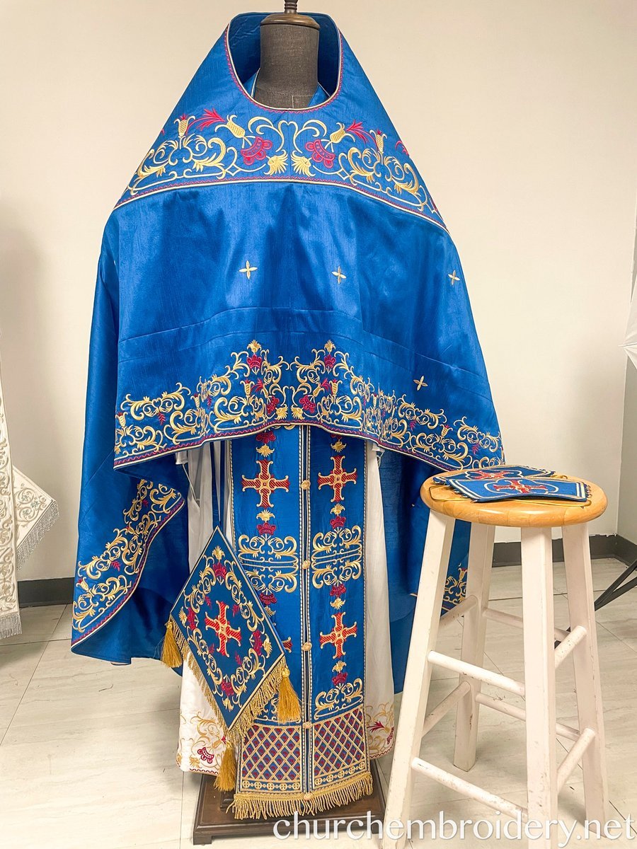 Fully-Embroidered Orthodox Priest Vestments Set —Blue Gold Red