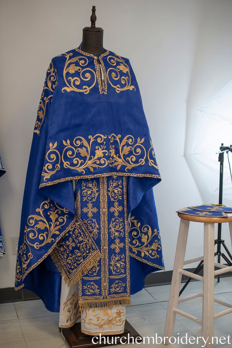 Fully-Embroidered Orthodox Priest Vestments Set —Blue Gold threads — photo 5
