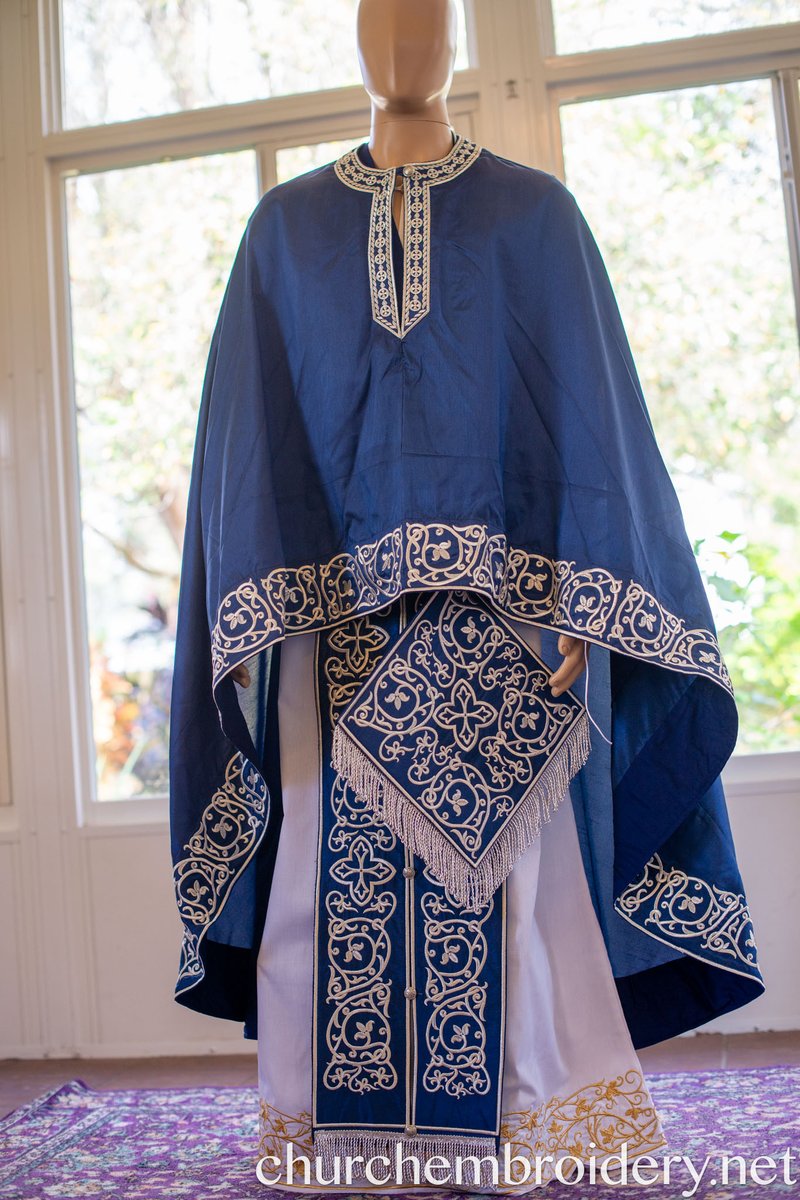 Fully Embroidered Orthodox Priest Vestments Set, Blue Silver