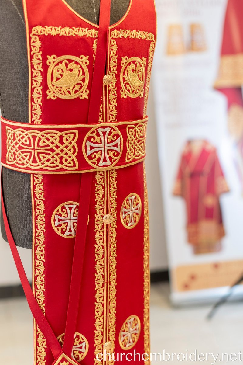 Fully-Embroidered Orthodox Priest Vestments Set — Gold-Red Linen — photo 10