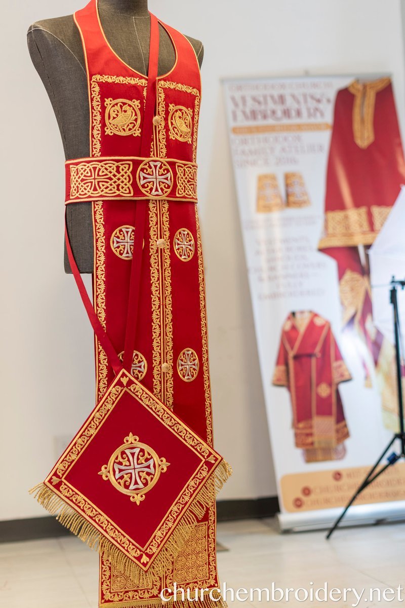 Fully-Embroidered Orthodox Priest Vestments Set — Gold-Red Linen — photo 11