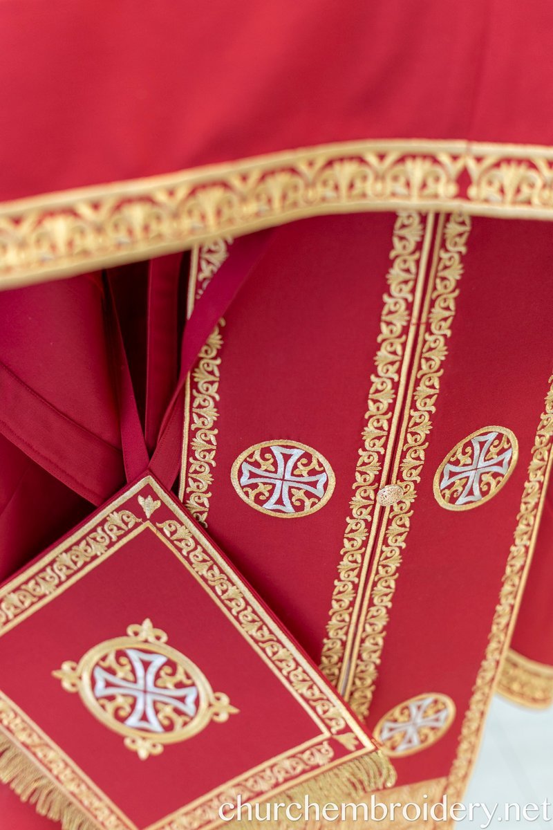 Fully-Embroidered Orthodox Priest Vestments Set — Gold-Red Linen — photo 12