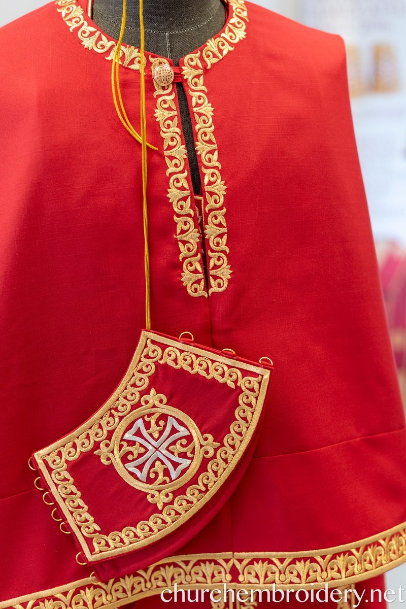 Fully-Embroidered Orthodox Priest Vestments Set — Gold-Red Linen — photo 5