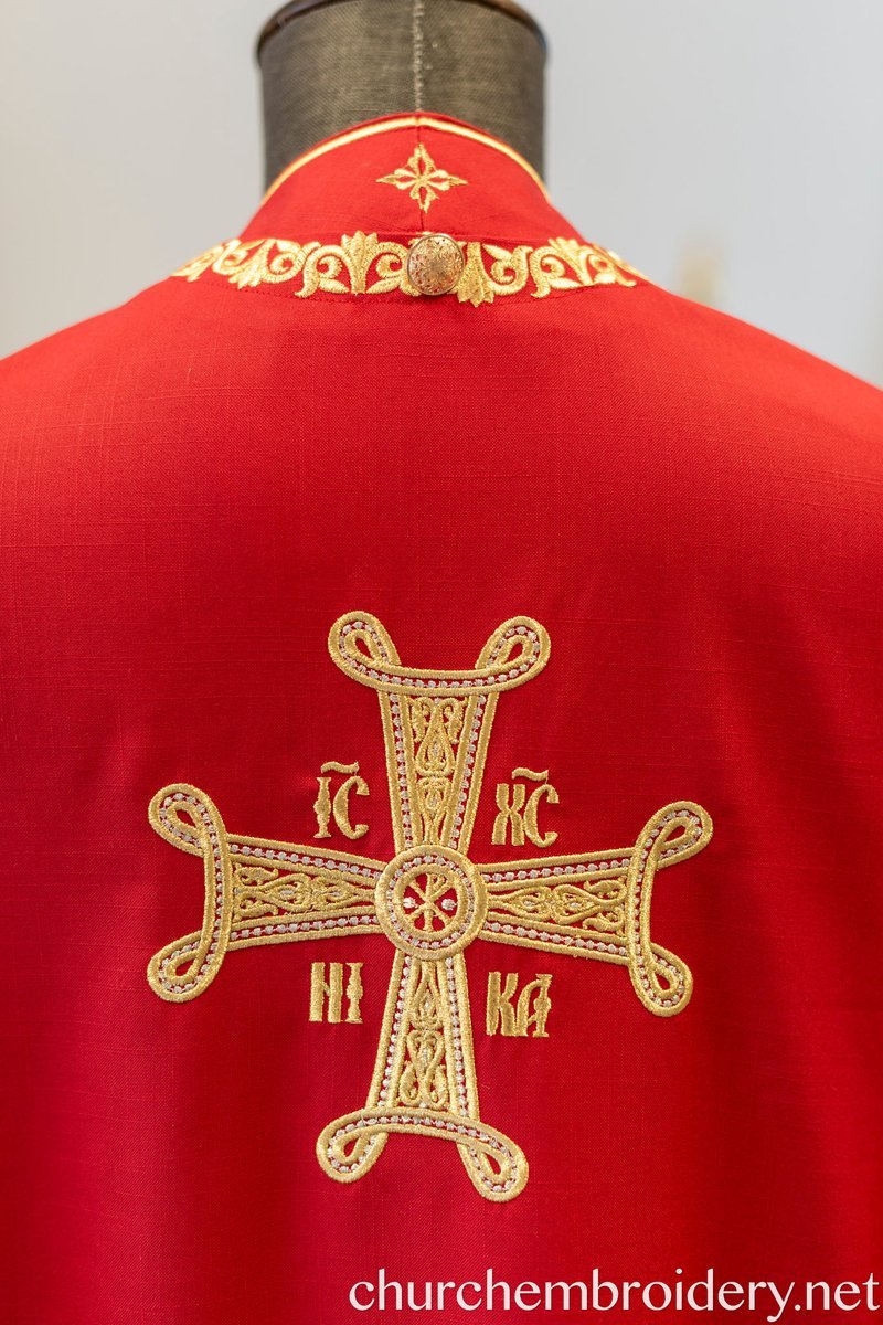 Fully-Embroidered Orthodox Priest Vestments Set — Gold-Red Linen — photo 7