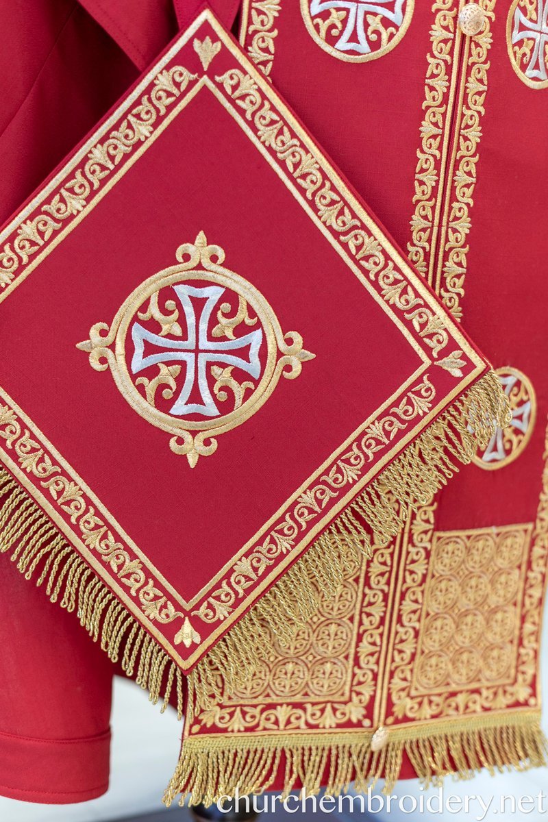Fully-Embroidered Orthodox Priest Vestments Set — Gold-Red Linen — photo 9