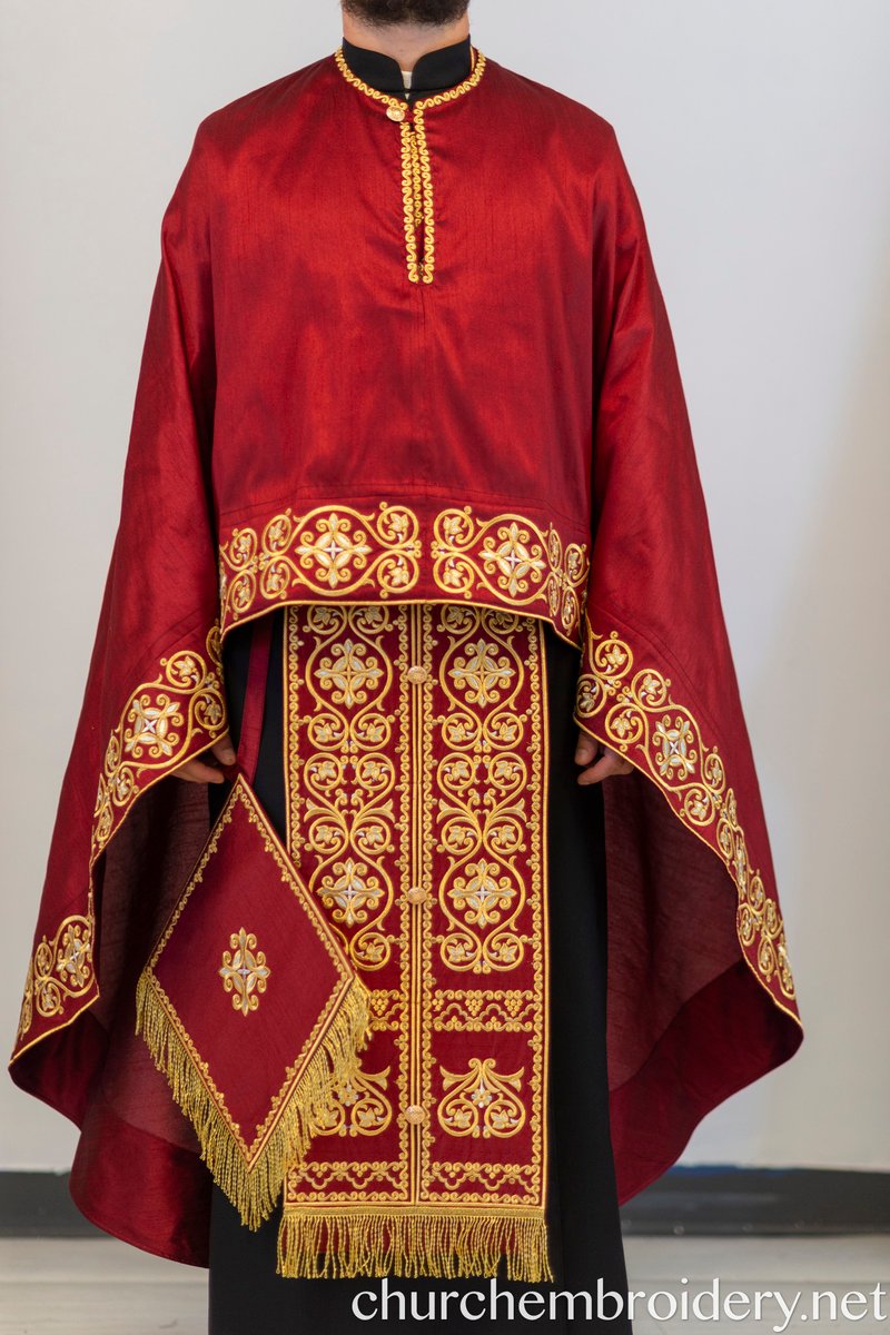 Fully Embroidered Orthodox Priest Vestments Set,  Red-Gold
