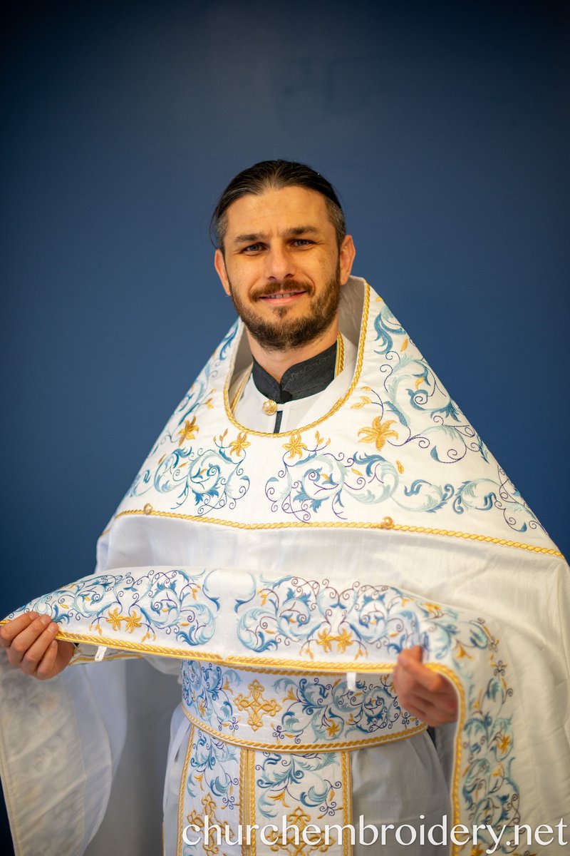 Fully Embroidered Orthodox Priest Vestments Set, White Blue Gold — photo 2