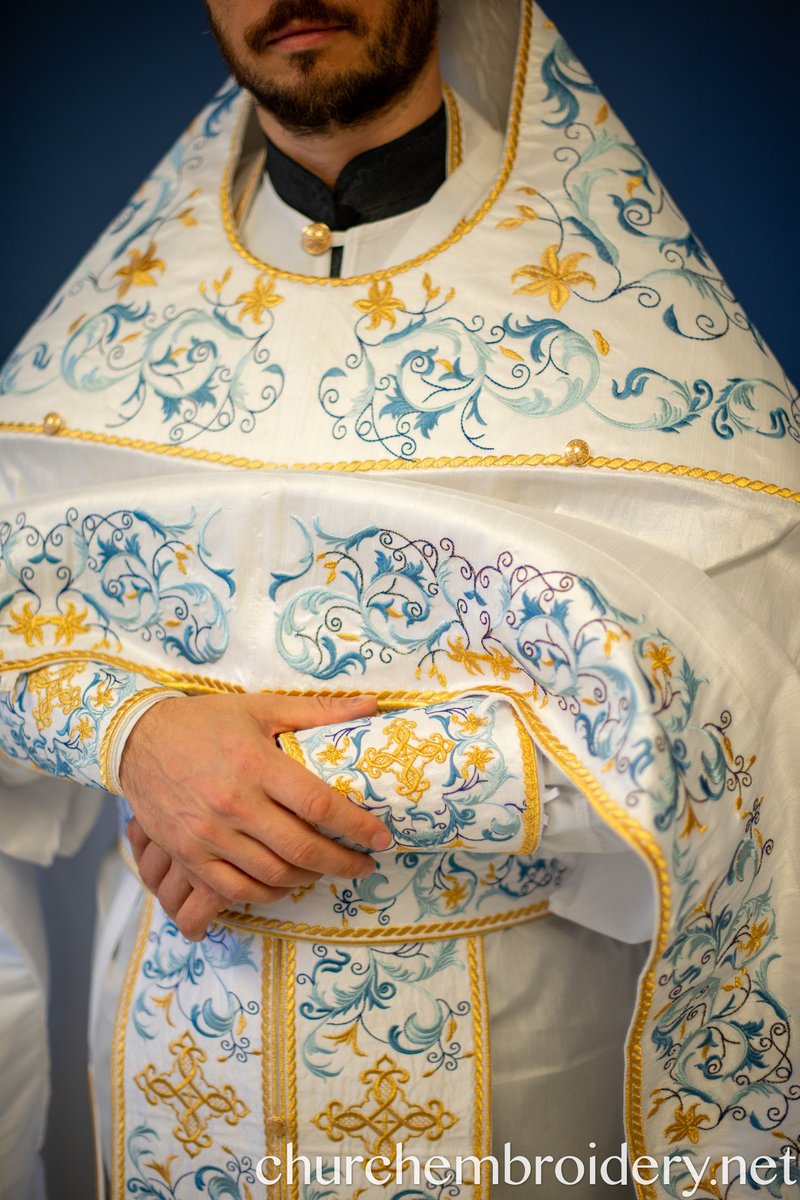 Fully Embroidered Orthodox Priest Vestments Set, White Blue Gold — photo 3