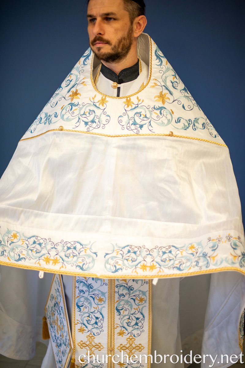 Fully Embroidered Orthodox Priest Vestments Set, White Blue Gold — photo 5