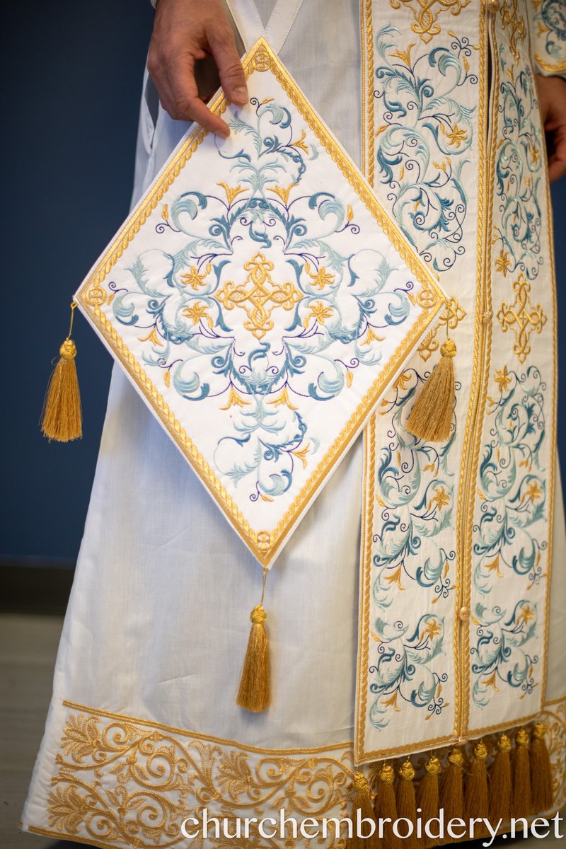 Fully Embroidered Orthodox Priest Vestments Set, White Blue Gold — photo 6