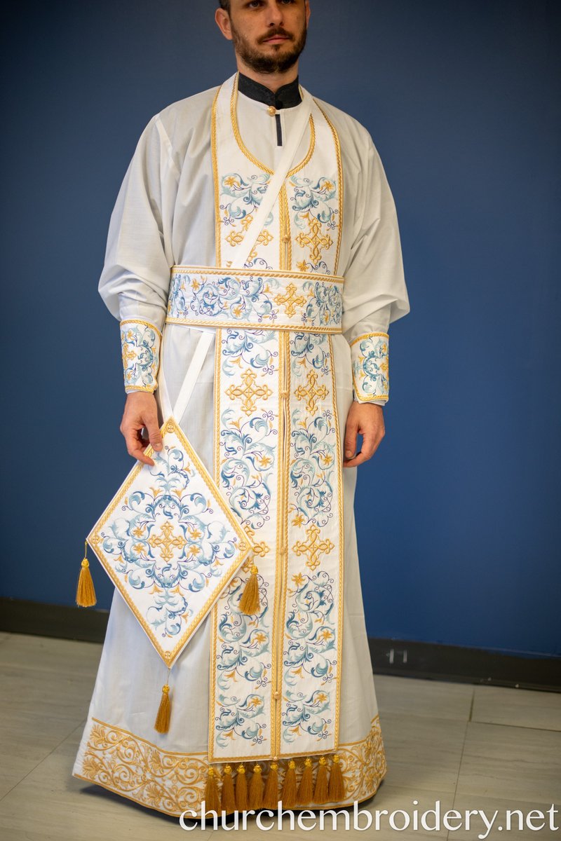 Fully Embroidered Orthodox Priest Vestments Set, White Blue Gold — photo 7