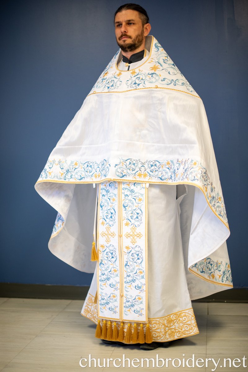 Fully Embroidered Orthodox Priest Vestments Set, White Blue Gold — photo 8