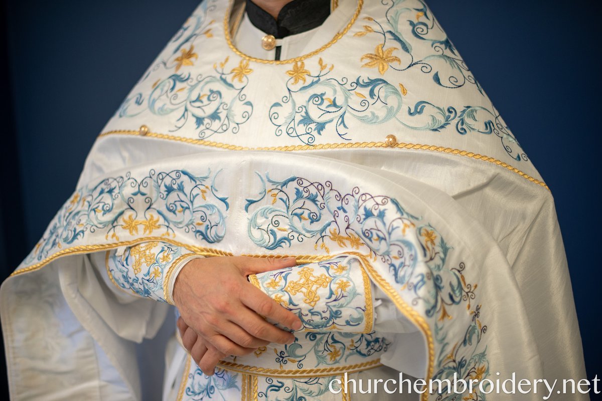 Fully Embroidered Orthodox Priest Vestments Set, White Blue Gold