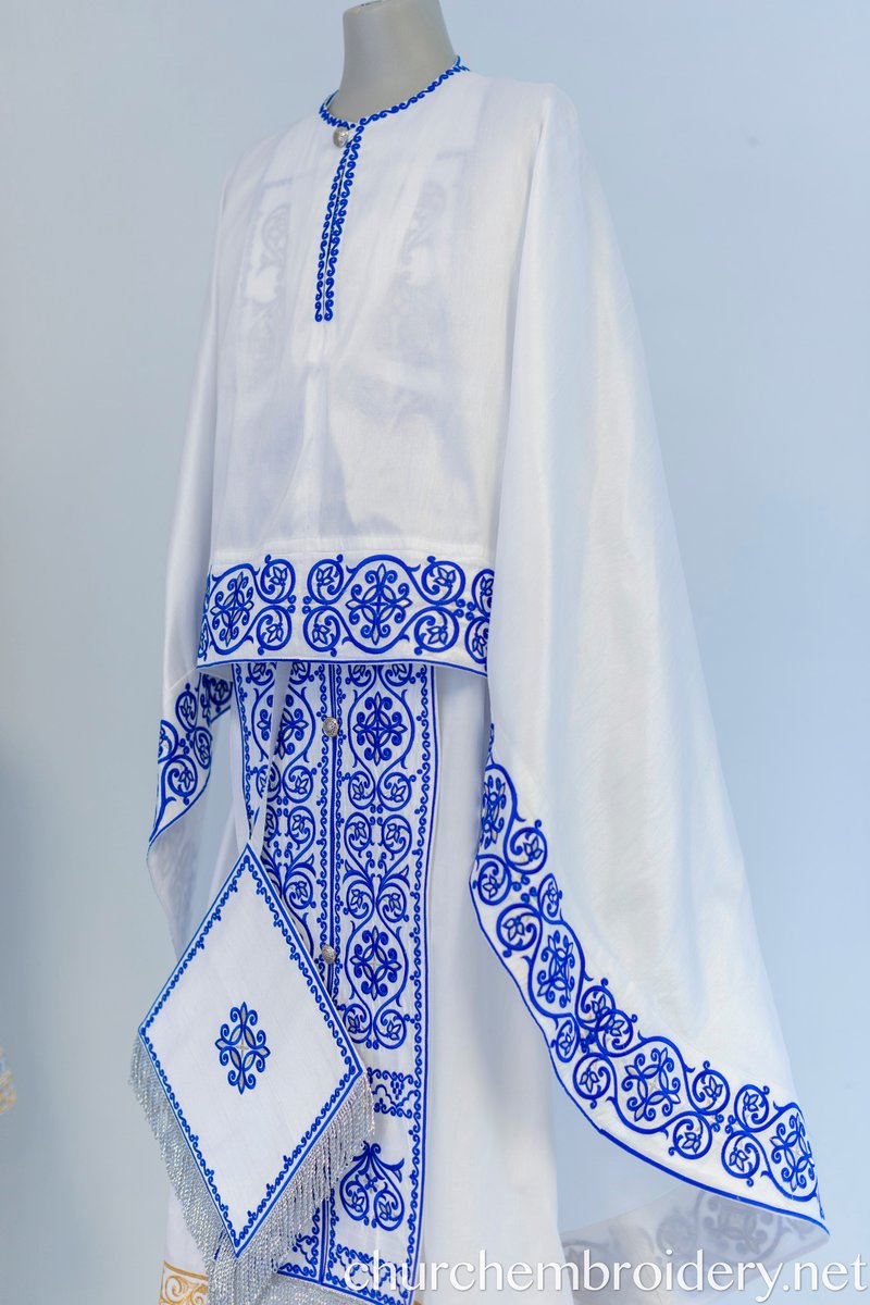 Fully Embroidered Orthodox Priest Vestments Set, White Blue Silver