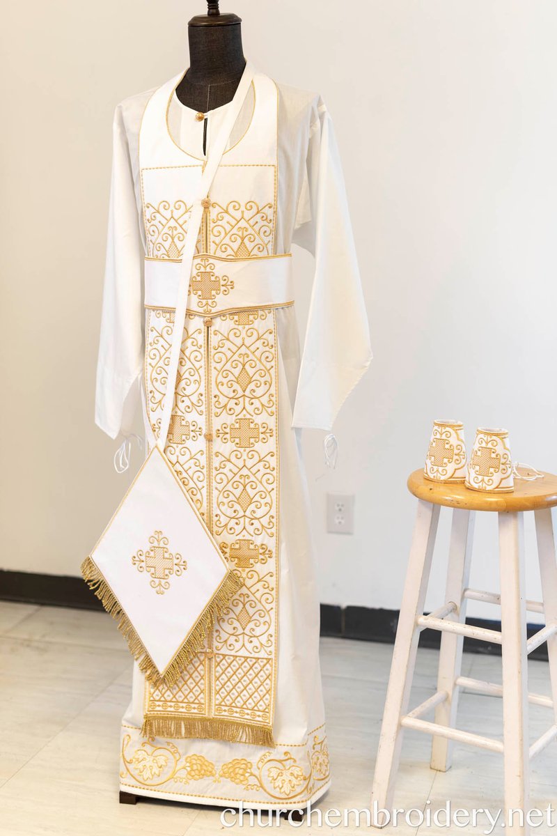 Fully-Embroidered Orthodox Priest Vestments Set — White-Gold Light silk — photo 12