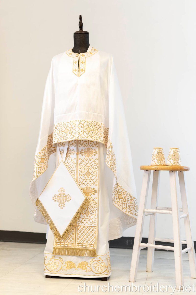 Fully-Embroidered Orthodox Priest Vestments Set — White-Gold Light silk — photo 8