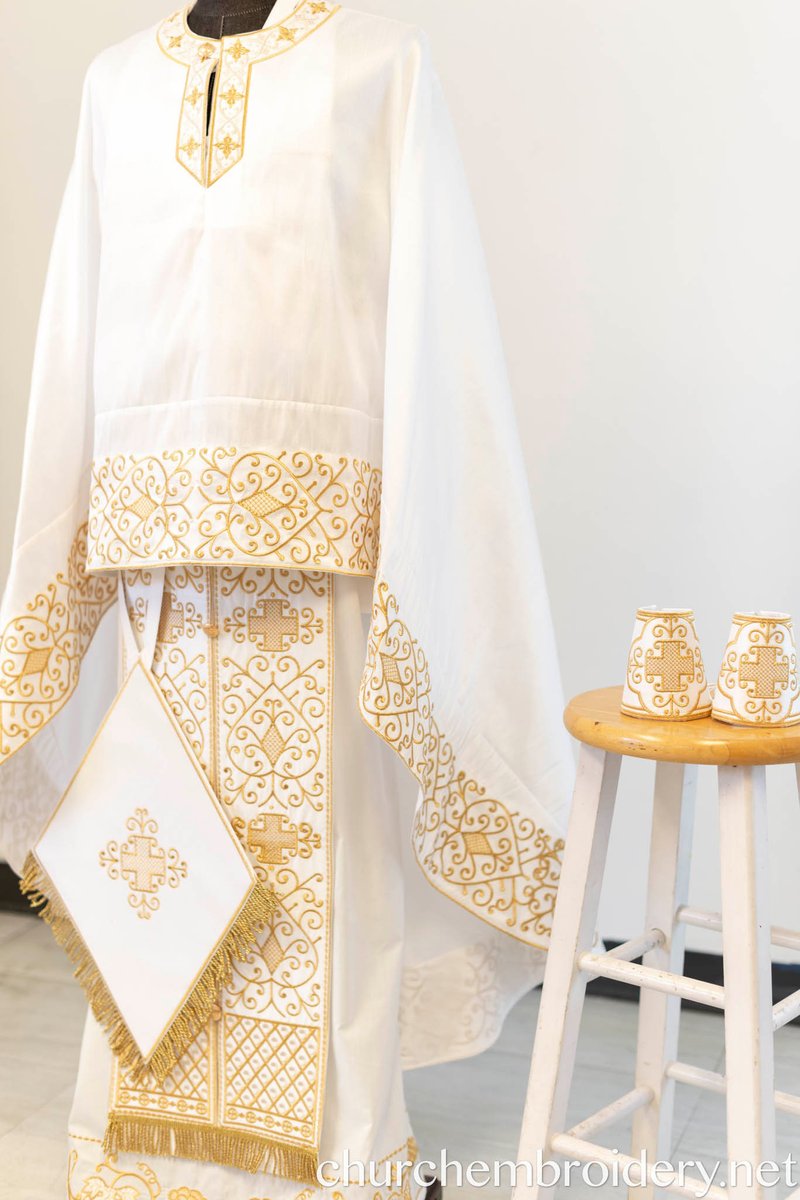 Fully-Embroidered Orthodox Priest Vestments Set — White-Gold Light silk