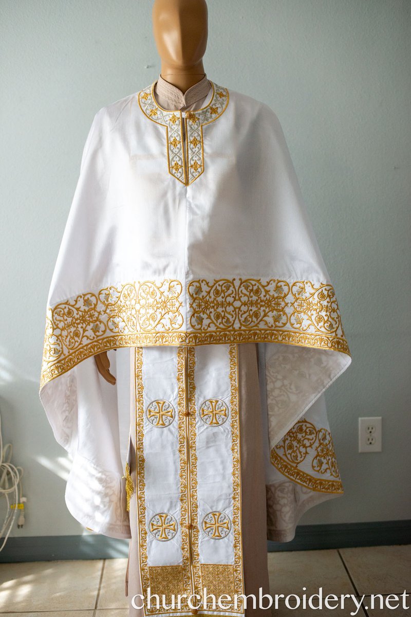 Fully Embroidered Orthodox Priest Vestments Set, White,Gold Silver
