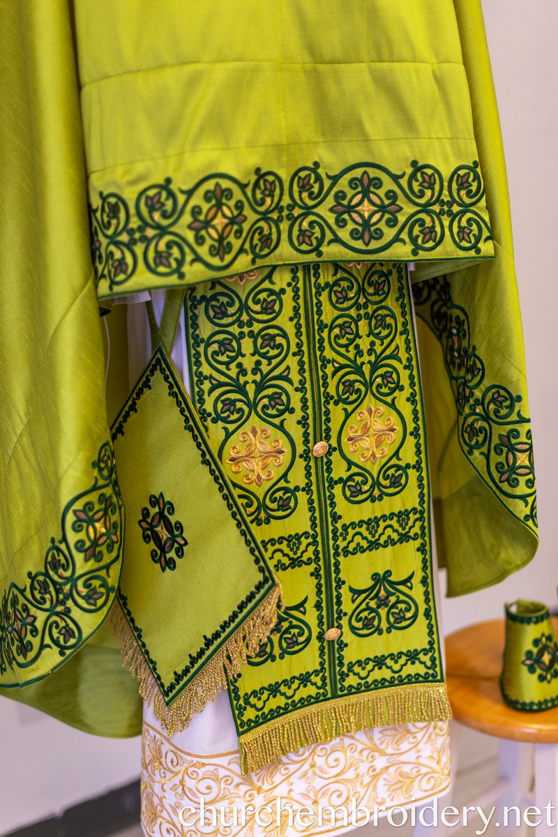 Fully-Embroidered Orthodox Priest Vestments Set — White-Green Light silk — photo 13