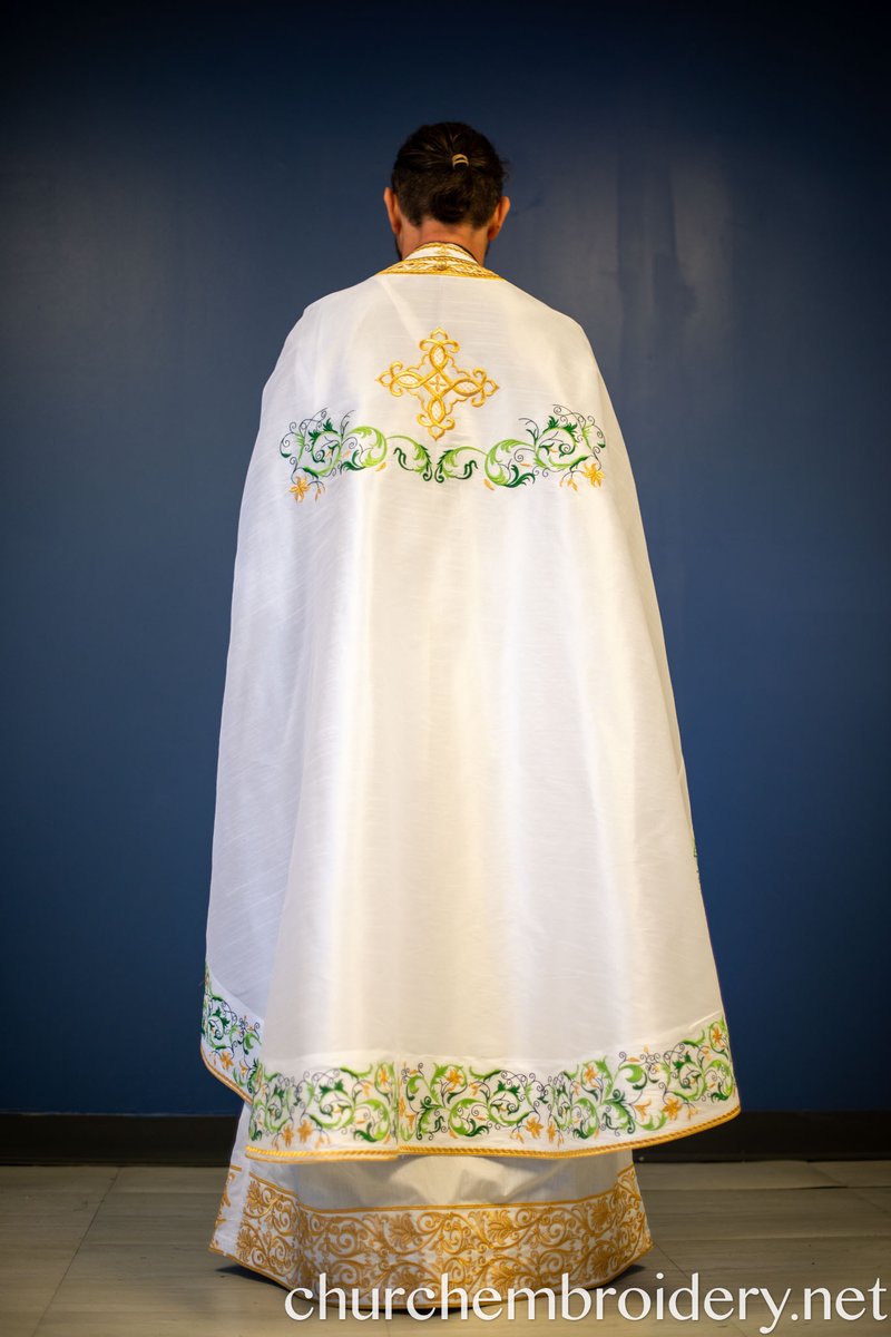 Fully-Embroidered Orthodox Priest Vestments Set — White-Green Light silk — photo 2