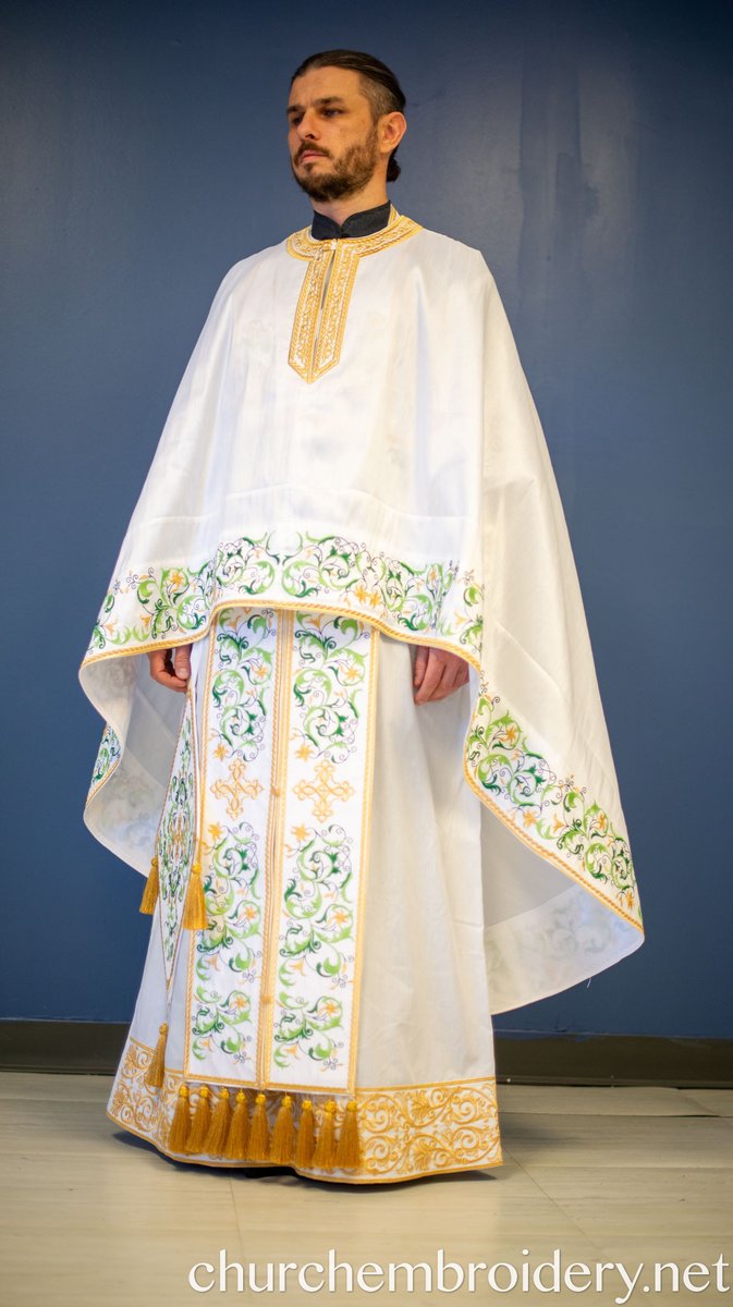 Fully Embroidered Orthodox Priest Vestments Set, White Green Gold — photo 3