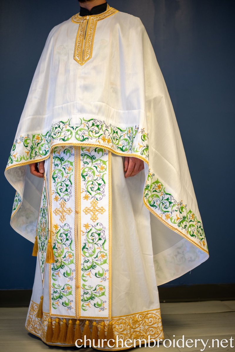 Fully Embroidered Orthodox Priest Vestments Set, White Green Gold — photo 4