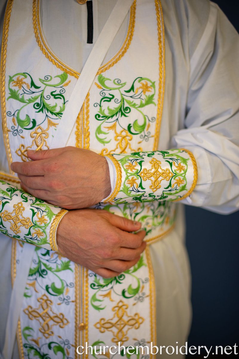 Fully-Embroidered Orthodox Priest Vestments Set — White-Green Light silk — photo 7