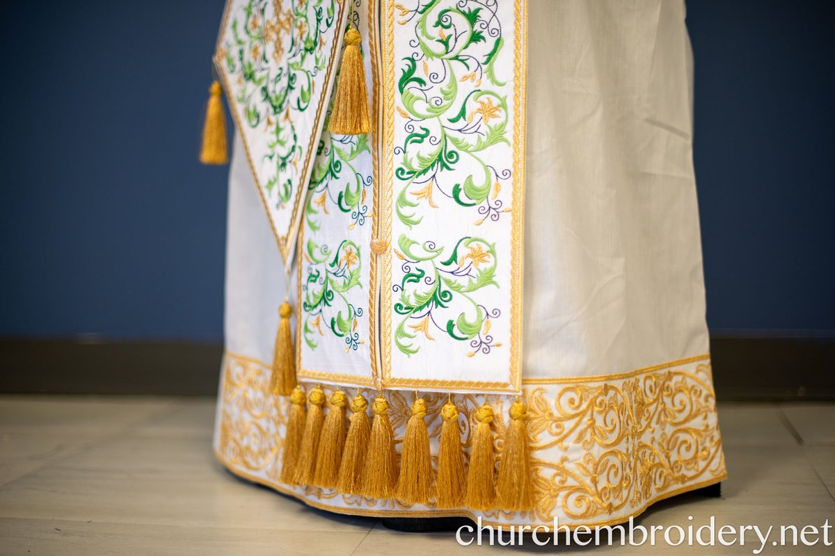 Fully-Embroidered Orthodox Priest Vestments Set — White-Green Light silk — photo 9