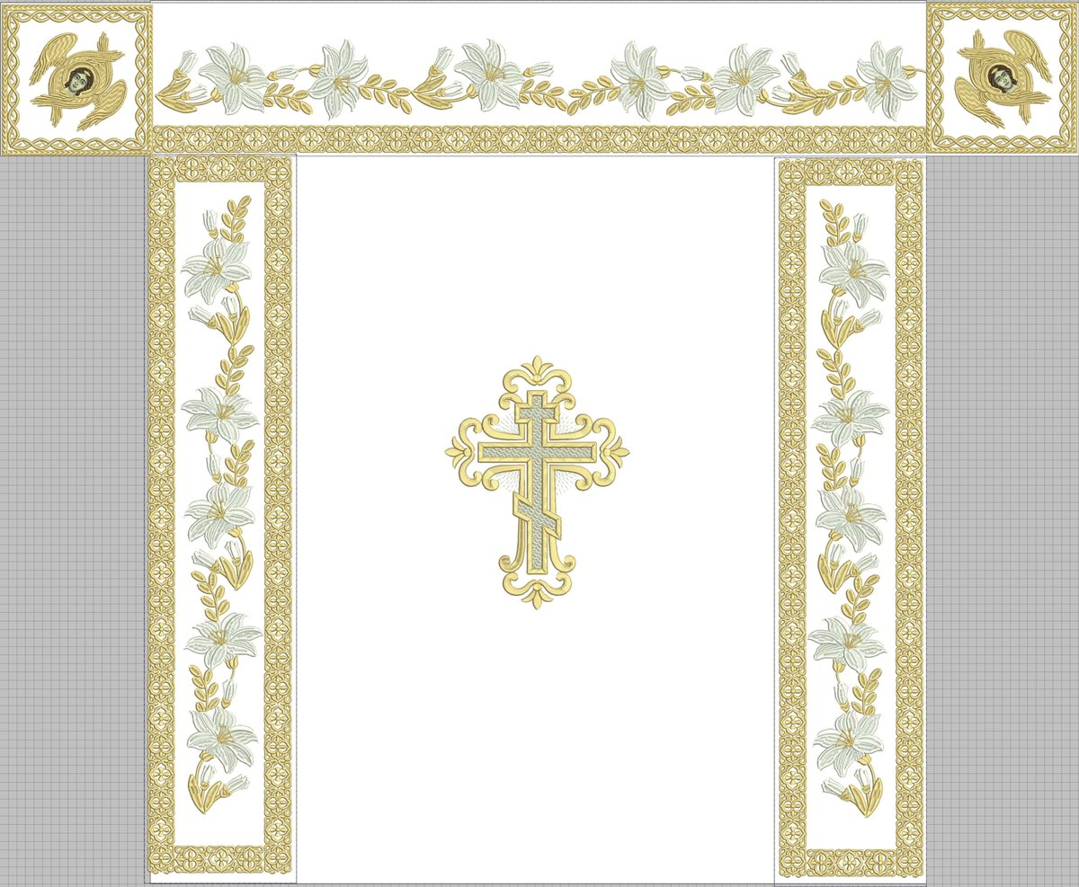Holy table cover white, lilies, with gold embroidery all 4 sides and top