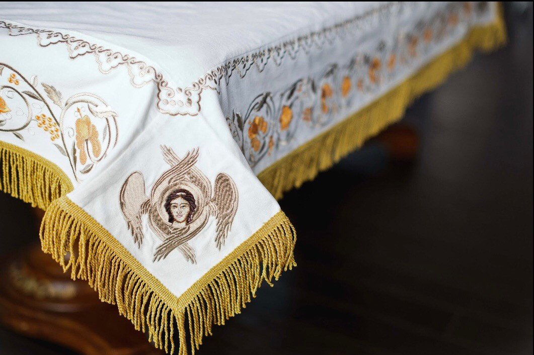 Embroidered White Gold Holy Table Cover