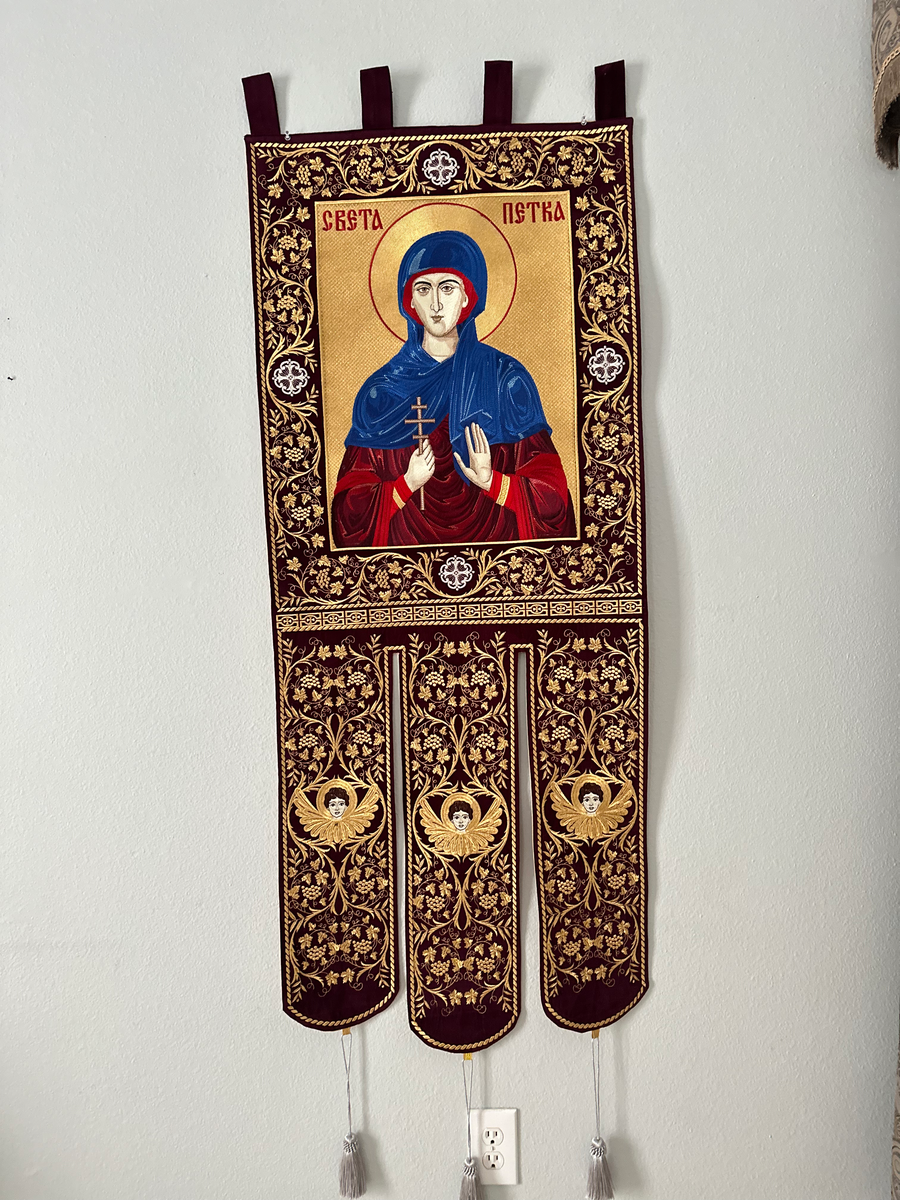 Large Fully embroidered banner with the icon of saint PETKA, Nina, Spyridon etc. — photo 2