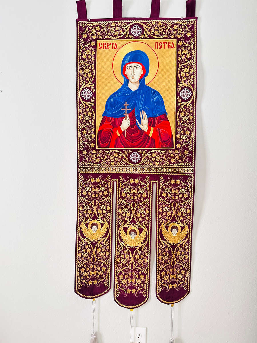 Large Fully embroidered banner with the icon of saint PETKA, Nina, Spyridon etc. — photo 3