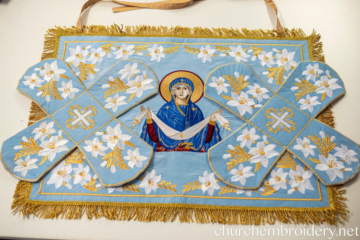 Orthodox Chalice Covers Set  Blue Fully Embroidered White-Gold — photo 3