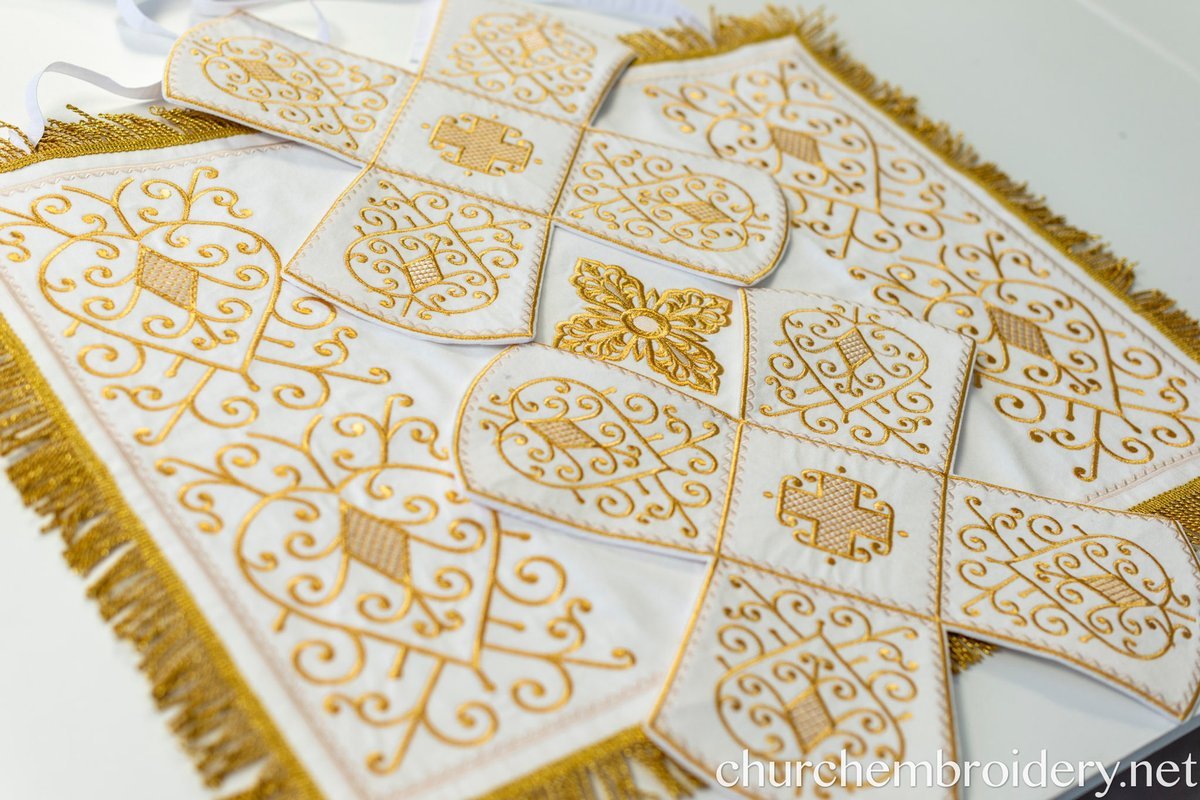 Orthodox Chalice Covers Set  Gold  Fully Embroidered White-Gold