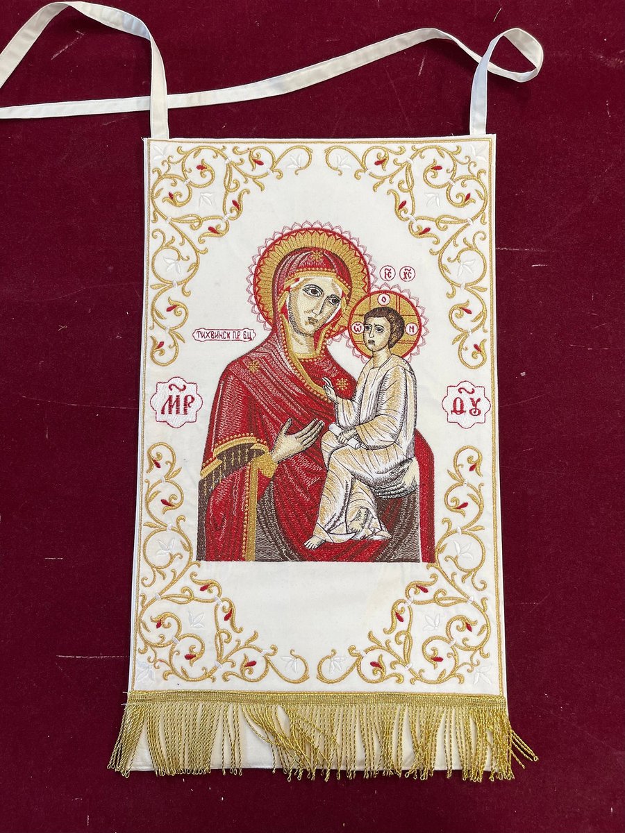 Orthodox priest nabedrennik  with the icon of Theotokos, white or bue — photo 3