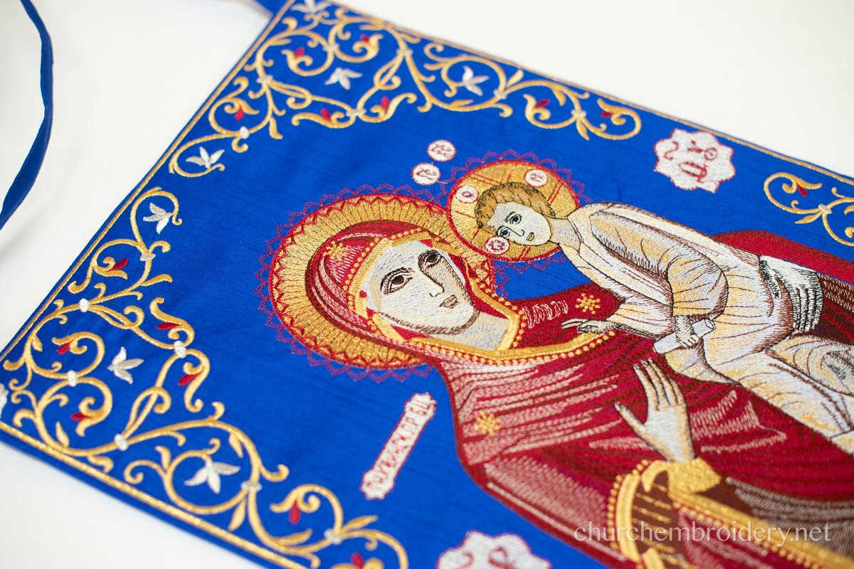 Orthodox priest nabedrennik  with the icon of Theotokos, white or bue — photo 7