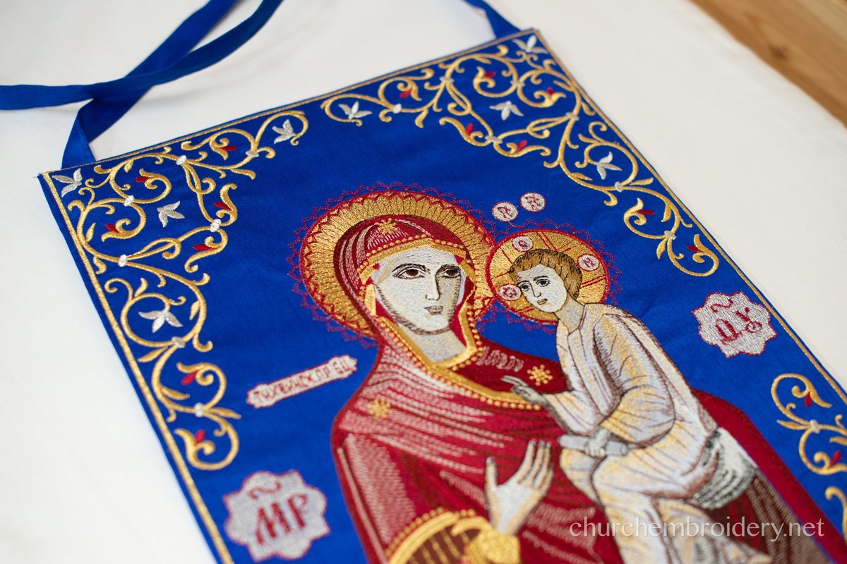 Orthodox priest nabedrennik  with the icon of Theotokos, white or bue — photo 8