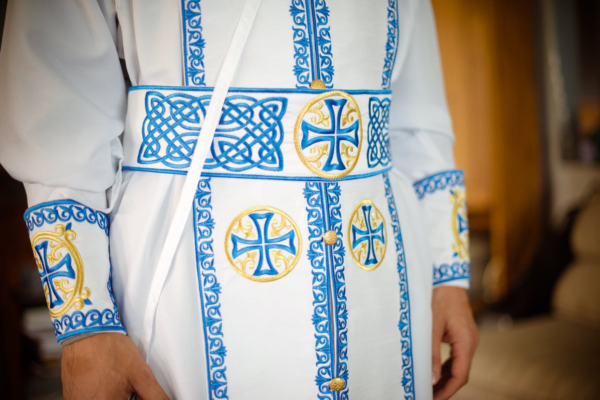 Orthodox priest vestments set greek style, white blue gold fully embroidered — photo 2