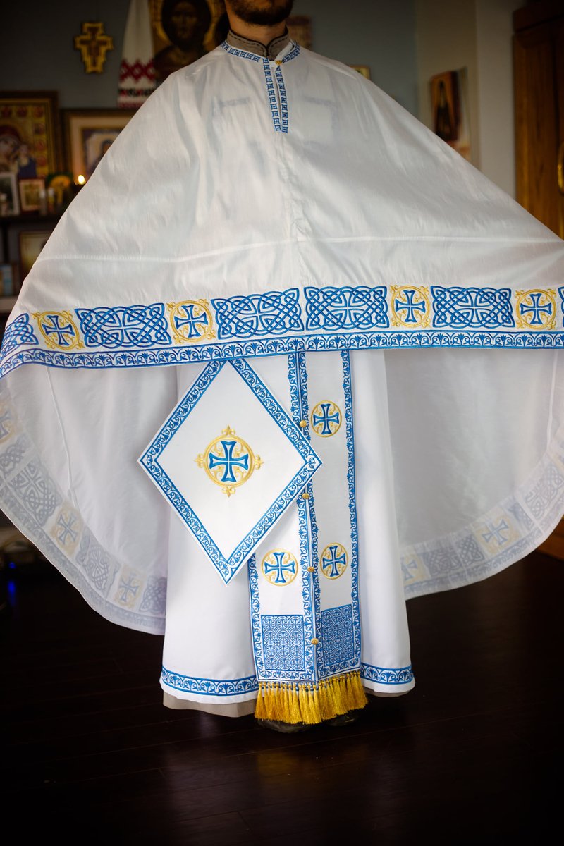 Orthodox priest vestments set greek style, white blue gold fully embroidered — photo 3