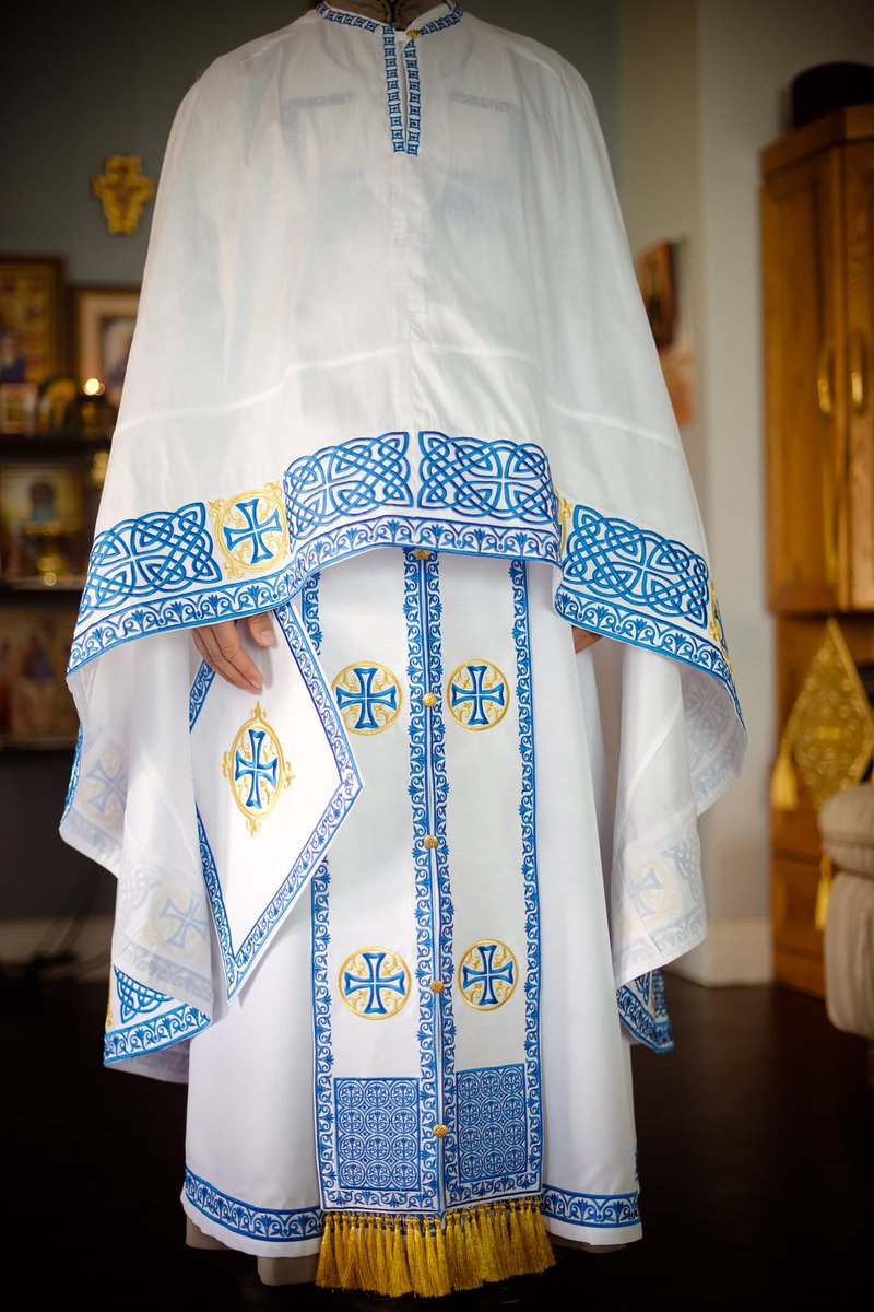 Orthodox priest vestments set greek style, white blue gold fully embroidered