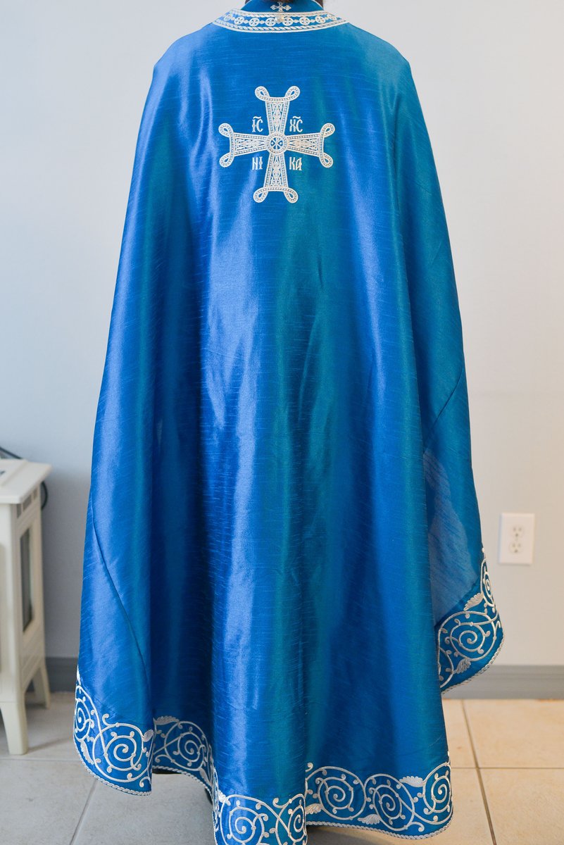 Orthodox priest vestments set linen, blue, silver. Lions — photo 2