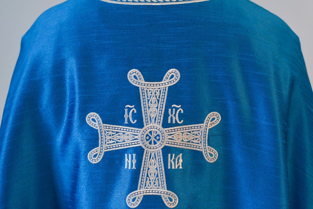 Orthodox priest vestments set linen, blue, silver. Lions — photo 3