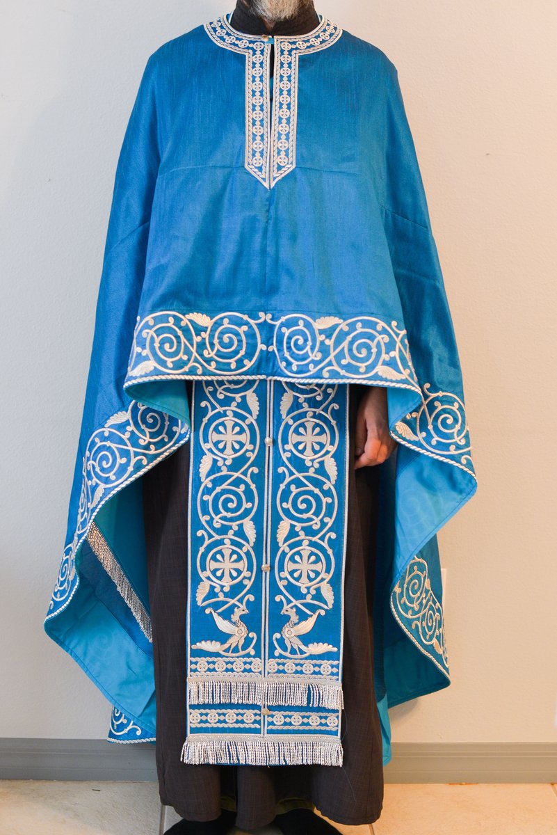 Orthodox priest vestments set linen, blue, silver. Lions — photo 4