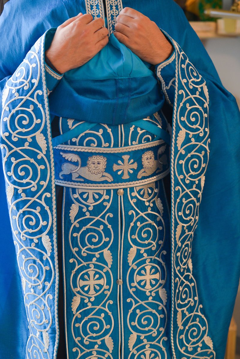 Orthodox priest vestments set linen, blue, silver. Lions — photo 9