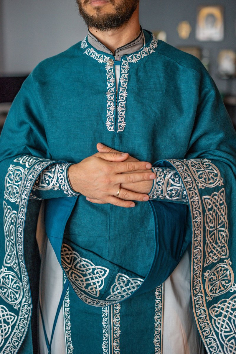 Orthodox priest vestments set linen, blue silver