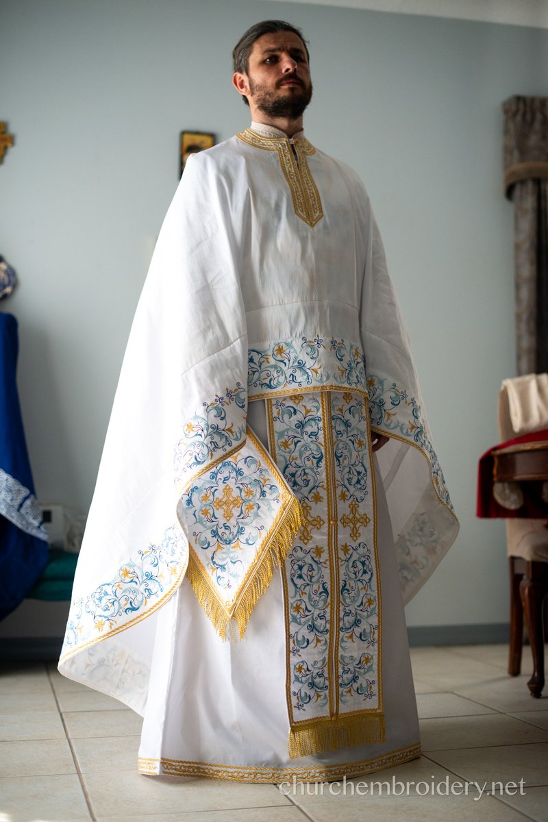 Embroidered Silk Priest Vestment Set Fully Embroidered White Blue — photo 13