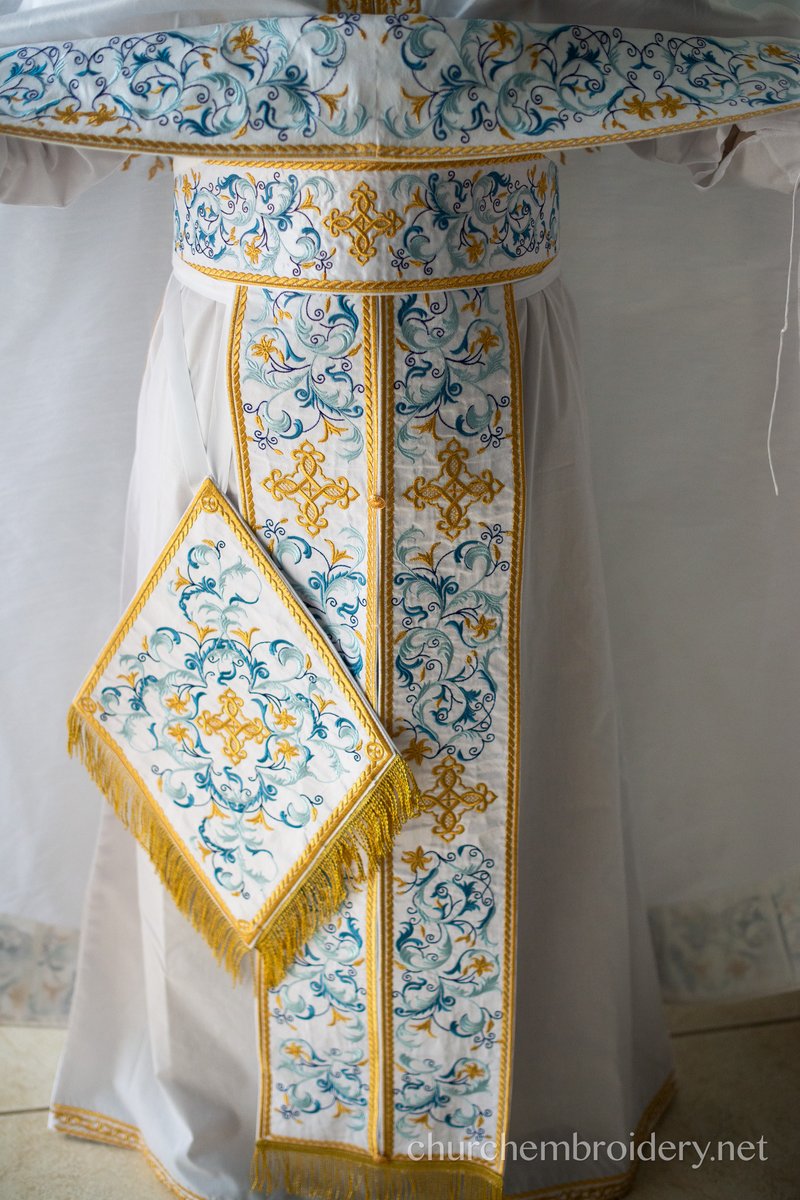 Embroidered Silk Priest Vestment Set Fully Embroidered White Blue — photo 6