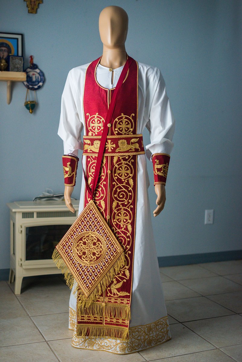 Orthodox priest vestments set linen, dark red, Gold. Lions — photo 10