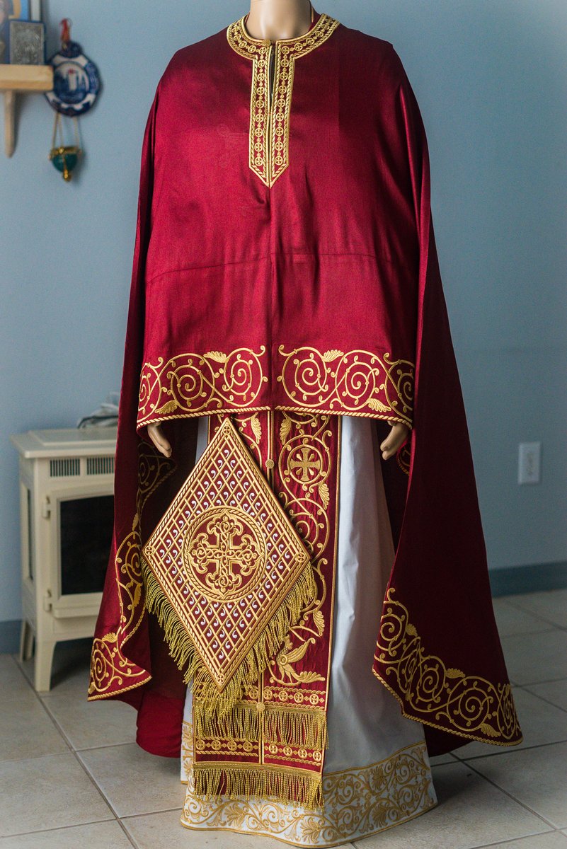 Orthodox priest vestments set linen, dark red, Gold. Lions — photo 11