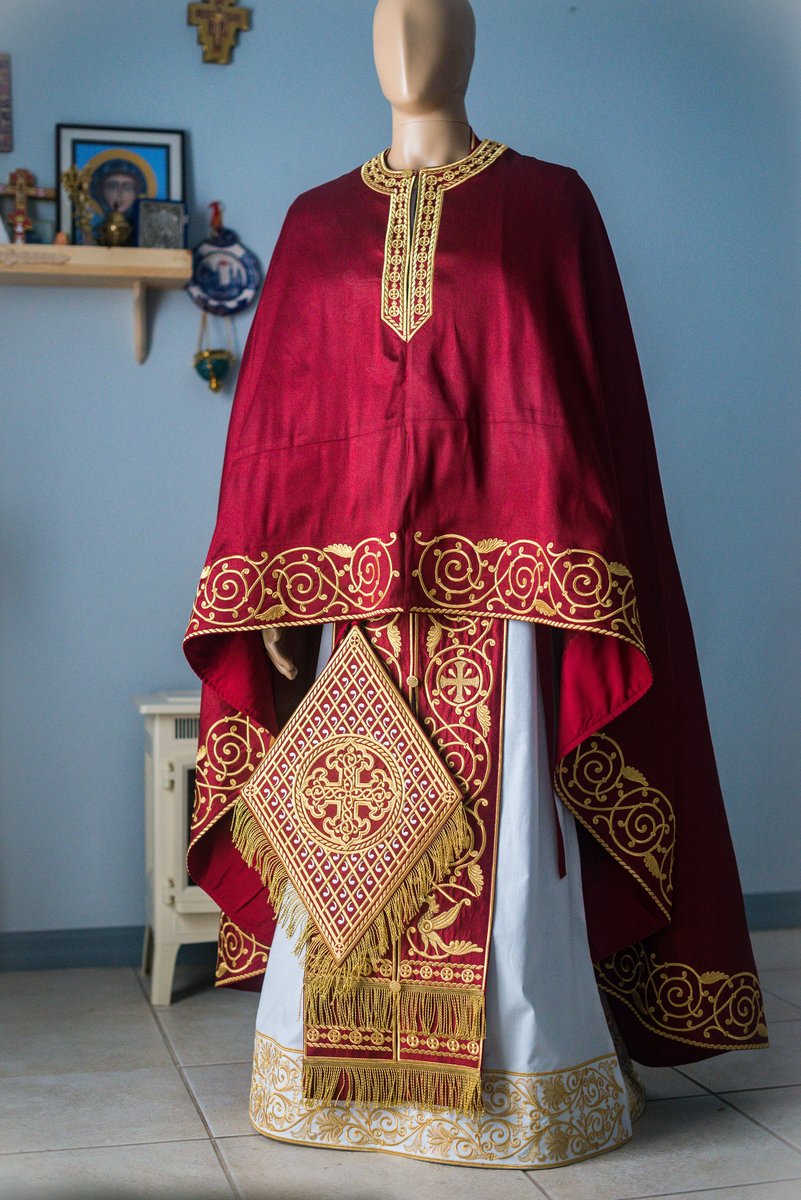 Orthodox priest vestments set linen, dark red, Gold. Lions — photo 5